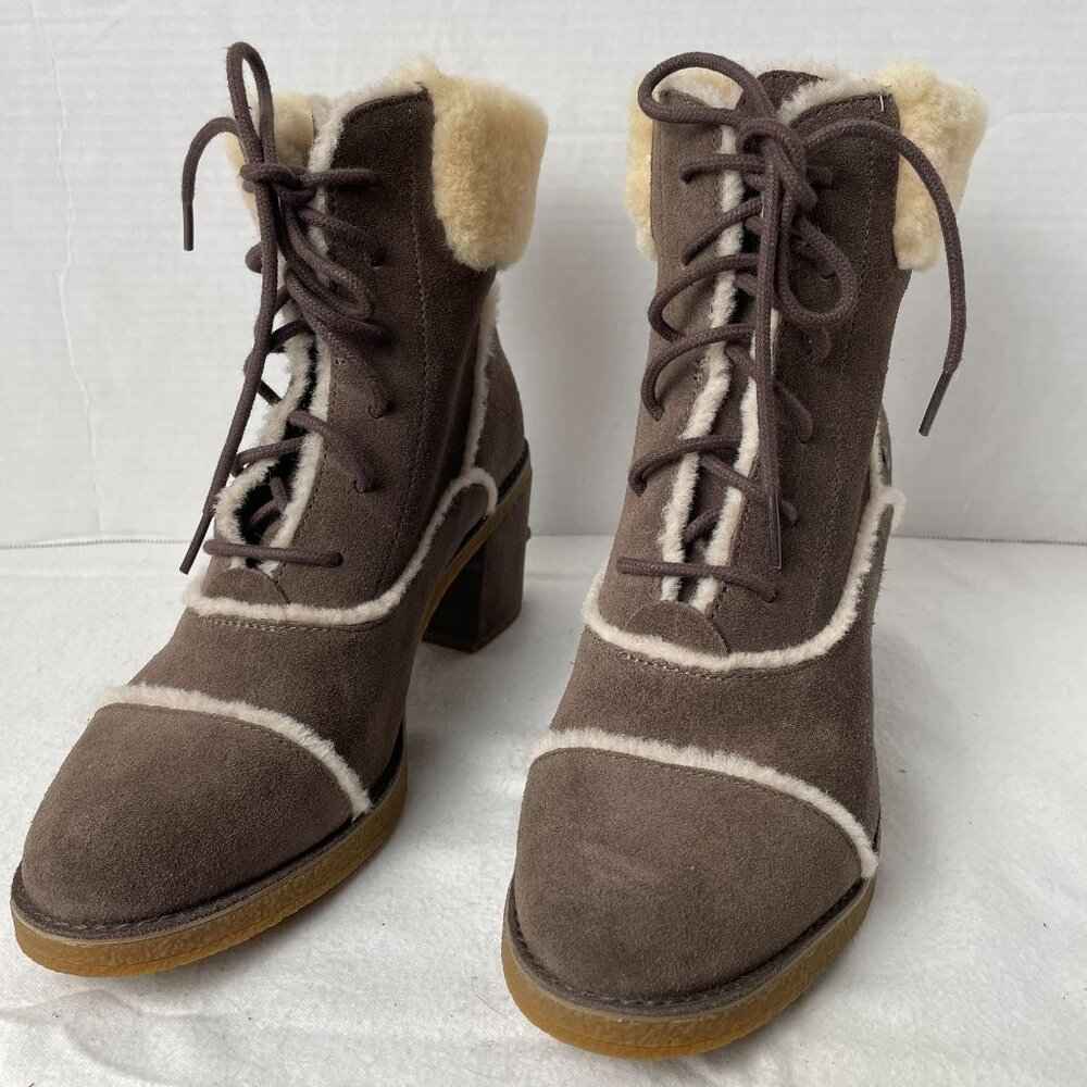UGG Brown Suede and Wool Lace Up Heeled Boots - Picture 2 of 8